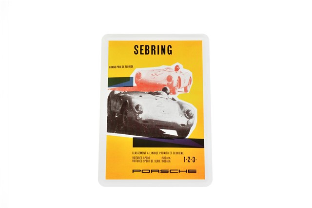 Porsche Museum Blechkarte Sebring Spyder gelb NOS 10 cm  x 15 cm