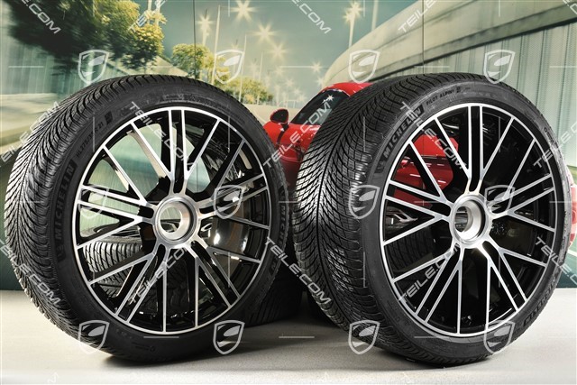 21" Panamera Turbo S Winterräder Satz, Zentralverschluss, Felgen 9,5J x 21 ET71 + 10,5J x 21 ET71 + NEUE Michelin Pilot Alpin 5 Winterreifen 275/35 R21 + 315/30 R21, Schwarz Hochglanz