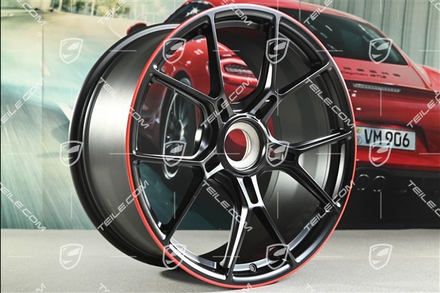 20+21 -inch GT3 wheel rim set, 9,5J x 20 ET46 + 12J x 21 ET45, black satin mat + red rim border