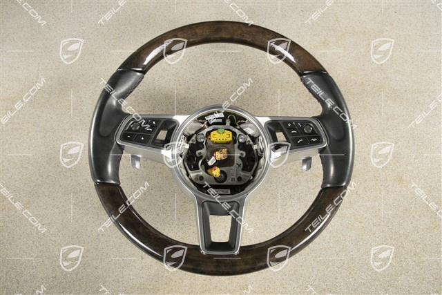 Multifunction steering wheel, 3-spoke, Heated, Leather/American walnut, Black