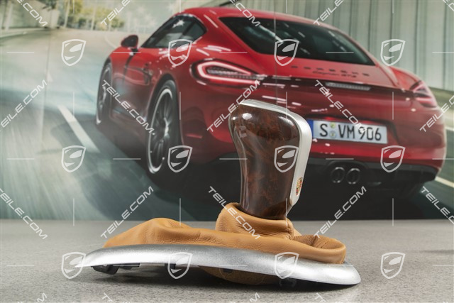 Gear shift knob, 6-speed, Aluminium / Dark burr maple / Leather, Brown natural