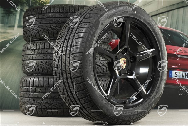 18" Boxster koła zimowe komplet, felgi 8J x 18 ET57 + 9,5J x 18 ET49, opony zimowe Pirelli Sottozero II 235/45 R18 + 265/45 R18, czarny wysoki połysk