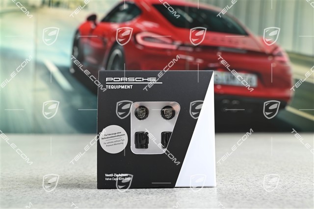 Ventilkappen Schwarz mit Monochrom Porsche Wappen / Für Fahrzeuge ohne Reifendruckkontrollsystem RDK