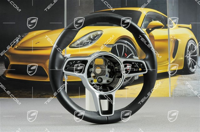 Kierownica wielofunkcyjna z łopatkami, Trójramienna, Skórzana, Czarna