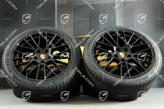 21" koła zimowe Cayenne RS Spyder, komplet, felgi 9,5J x 21 ET46 + 11,0J x 21 ET58 + NOWE opony zimowe Pirelli 275/40 R21 + 305/35 R21, z czujnikami ciśnienia, czarny wysoki połysk