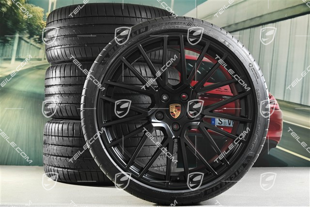 22-inch Cayenne Coupé RS Spyder summer wheel set, rims 10J x 22 ET48 + 11,5J x 22 ET52 + Michelin summer tyres 285/35 R22 + 315/30 R22, with TPMS, black satin matt