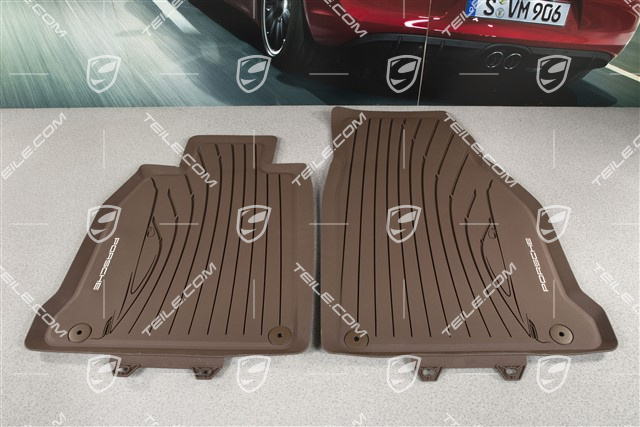 Gummi-Fußmatten Satz, zweiteilig, mit Porsche Silhouette und "Porsche" Schriftzug, trüffelbraun