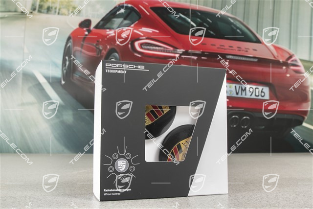 Radzierdeckel Satz, konkav, Wappen farbig, für 20-/21-Zoll Exclusive Design und Carrera S Felgen, Tiefschwarz Metallic
