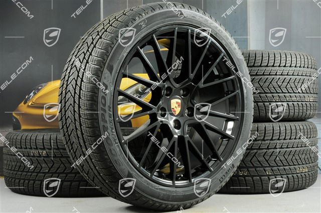 21" koła zimowe Cayenne RS Spyder, komplet, felgi 9,5J x 21 ET46 + 11,0J x 21 ET58 + NOWE opony zimowe Pirelli 275/40 R21 + 305/35 R21, z czujnikami ciśnienia, czarny wysoki połysk