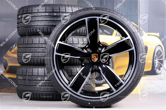20" Carrera Sport Sommerräder Satz, Felgen 8,5J x 20 ET57 + 10,5J x 20 ET47 + Sommerreifen 235/35 ZR20 + 265/35 ZR20, mit RDK-Sensoren, Tiefschwarz Metallic