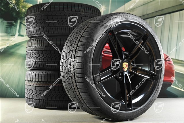 21" Mission E Design Winterräder Satz, Felgen 9,5J x 21 ET60 + 11,5J x 21 ET66 + Continental Winter Contact TS860 S Winterreifen 265/35 R21 + 305/30 R21, schwarz hochglanz