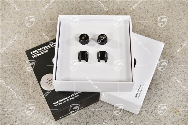 Nakrętki wentylków, czarne, napis "RS" w kolorze srebrnym, komplet do czujników ciśnienia