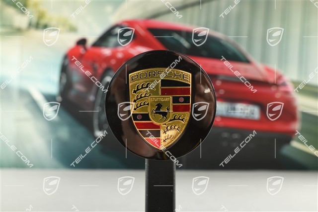 Radkappe, rund, gewölbt, mit farbigem Porsche-Wappen, Mahagoni-Metallic