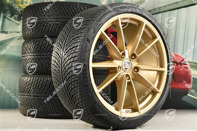 20"+21" Carrera S Winterräder Satz, Felgen 8,5J x 20 ET53 + 11J x 21 ET66 + Michelin Winterreifen 245/35 R20 + 295/30 R21, in Aurum Gold Seidenmatt