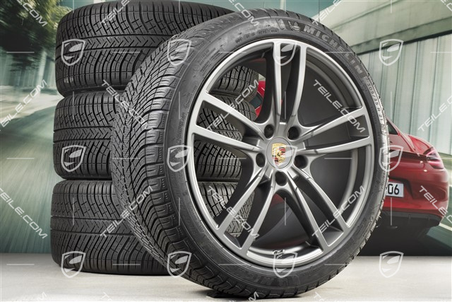 21" koła zimowe Cayenne COUPÉ Turbo Design, komplet, felgi 9,5J x 21 ET46 + 11,0J x 21 ET49 + opony zimowe Michelin 275/40 R21 + 305/35 R21, z czujnikami ciśnienia, platinum satynowy półmat