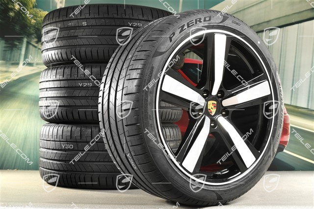 22" Koła letnie, komplet, Cayenne Exclusive Design Sport, felgi 10J x 22 ET48 +11,5J x 22 ET61 + opony letnie Pirelli 285/40 R22 + 315/35 R22, czarny wysoki połysk
