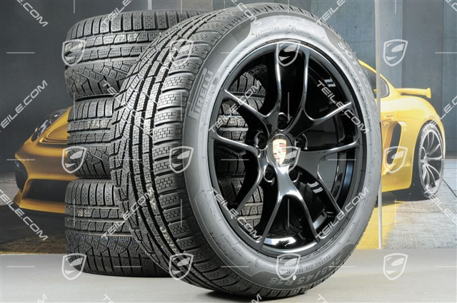 18" Cayman koła zimowe komplet, felgi 8J x 18 ET57 + 9,5J x 18 ET49, opony zimowe Pirelli Sottozero II 235/45 R18 + 265/45 R18, czarny wysoki połysk