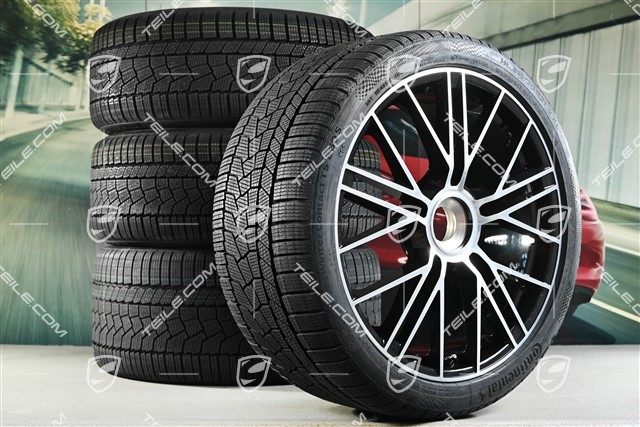 21" Panamera Turbo S Winterräder Satz, Zentralverschluss, Felgen 9,5J x 21 ET71 + 10,5J x 21 ET71 + Continental Winter Contact TS860 S Winterreifen 275/35 R21 + 315/30 R21, Schwarz Hochglanz