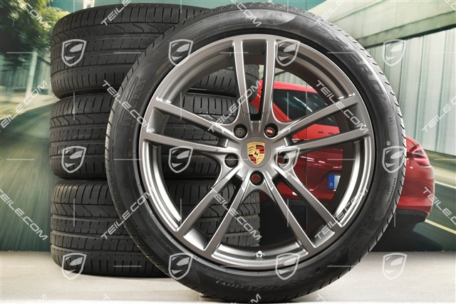 21" Cayenne Turbo Sommerräder Satz, Felgen 9,5J x 21 ET46 + 11,0J x 21 ET49 + Pirelli P Zero Sommerreifen 285/40 R21 + 315/35 R21, Platinum Seidenmatt