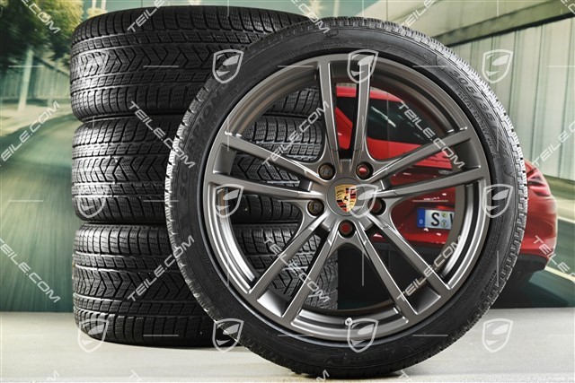 21" koła zimowe Cayenne COUPÉ Turbo Design, komplet, felgi 9,5J x 21 ET46 + 11,0J x 21 ET49 + NOWE opony zimowe Pirelli 275/40 R21 + 305/35 R21, z czujnikami ciśnienia, platinum satynowy półmat