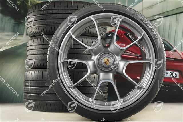20"+21" koła letnie, komplet Turbo S Exclusive Design, felgi 9,5J x 20 ET44 + 12J x 21 ET70 + NOWE opony letnie Pirelli 255/35 R20 + 315/30 R21, platynowy srebrny