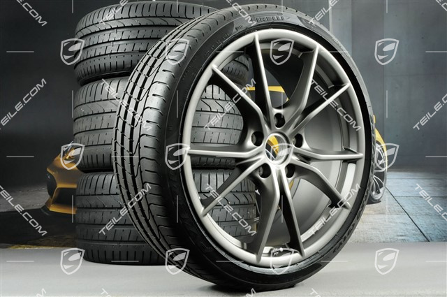 20" Carrera S (IV) koła letnie, komplet, felgi 8,5 J x 20 ET49 + 11,5 J x 20 ET76 + NOWE opony letnie Pirelli 245/35 R20 + 305/30 R20, kolor Platinum (półmat) z czujnikami ciśnienia