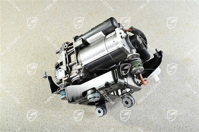 Compressor with bracket, air suspension with level control and height adjustment