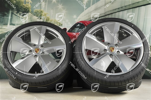 21" koła letnie Exclusive Design, komplet, felgi 9,5J x 21 ET60 + 11,5J x 21 ET66 + NOWE opony letnie Goodyear 265/35 R21 + 305/30 R21, srebrne