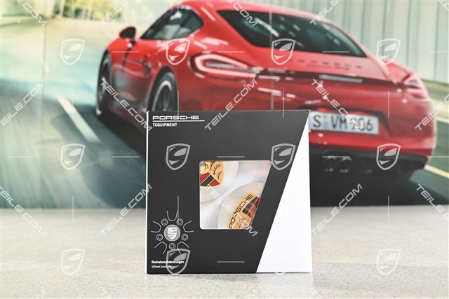 Radzierdeckel, konkav, Rotations-Schliff / glanzgedreht, Porsche Wappen in Turbonit, 4er-Set