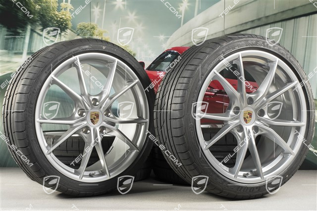 20" Carrera S summer wheels set, rims 8J x 20 ET57 + 10J x 20 ET45 + NEW GoodYear summer tires 235/35 ZR20 + 265/35 ZR20, silver, with TPMS