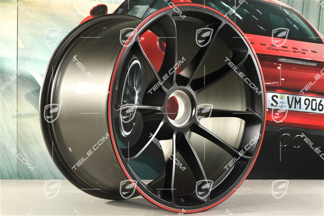 20" Felgensatz GT3, 9J x 20 ET55 + 12J x 20 ET47, in Schwarz seidenmatt + Rand in Rot