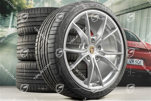 20" Carrera S summer wheels set, rims 8J x 20 ET57 + 10J x 20 ET45 + NEW GoodYear summer tires 235/35 ZR20 + 265/35 ZR20, silver, with TPMS