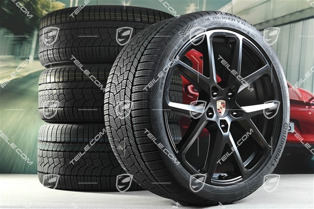 21" Panamera SportDesign Winterräder Satz, Felgen 9,5J x 21 ET71 + 10,5J x 21 ET71 + Continental Winterreifen 275/35 R21 + 315/30 R21, Schwarz Seidenmatt