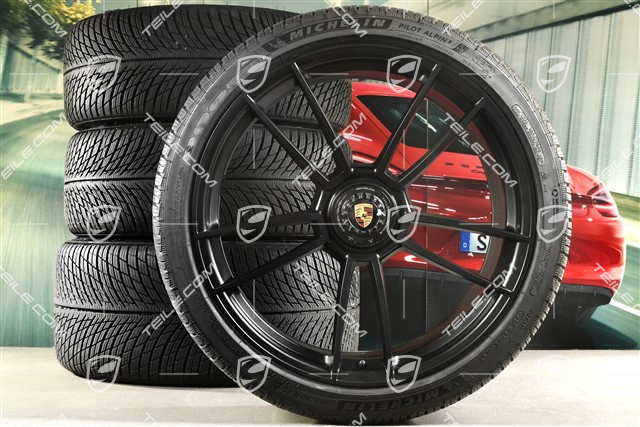 20"+21" GTS "Turbo S" Winterräder Satz, Zentralverschluss Felgen 8,5J x 20 ET50 + 11J x 21 ET66 + Michelin Winterreifen 245/35 R20 + 295/30 R21, DOT/Bj. 2022, Reifenprofil 7mm, schwarz seidenmatt