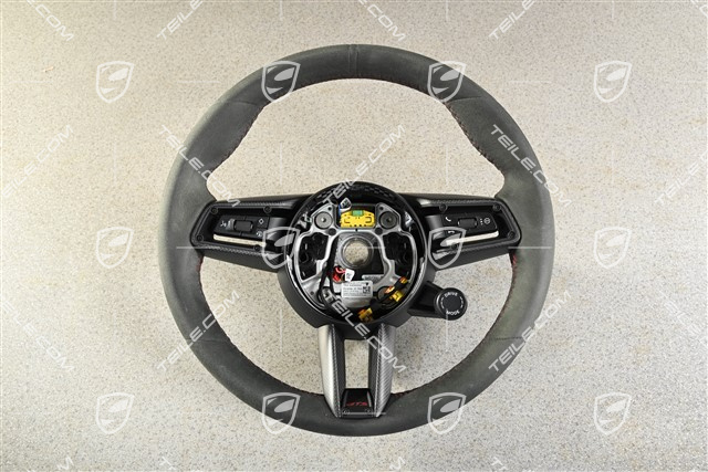 Sportlenkrad GT Carbon, Sport Chrono Paket Plus, beheizbar, Alcantara Race Tex, Schwarz mit Rot Naht Faden GTS