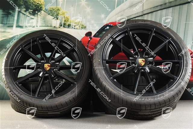 20"+21" koła letnie, komplet Carrera S, felgi 8,5J x 20 ET53 + 11,5J x 21 ET67 + NOWE opony letnie Goodyear 245/35 R20 + 305/30 R21, z czujnikami ciśnienia, czarny satynowy półmat