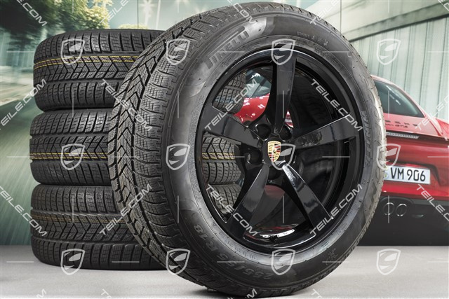 18" "Macan" koła zimowe komplet, felgi 8J x 18 ET21 + 9J x 18 ET21 + opony zimowe Pirelli 235/60 ZR 18 + 255/55 ZR 18, z czujnikami ciśninia, czarny wysoki połysk