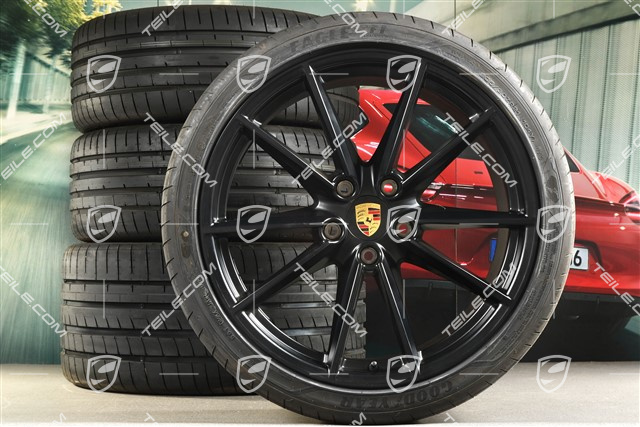 20"+21" koła letnie, komplet Carrera S, felgi 8,5J x 20 ET53 + 11,5J x 21 ET67 + NOWE opony letnie Goodyear 245/35 R20 + 305/30 R21, z czujnikami ciśnienia, czarny satynowy półmat