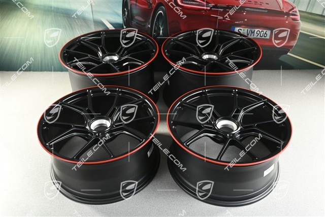 20"+21" GT3 Felgen Satz, 9,5J x 20 ET46 + 12J x 21 ET45, in Schwarz Seidenmatt, Rand in Rot