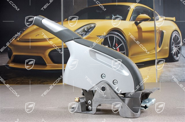 Handbremshebel komplett, Leder Alu, Steingrau mit Speed Gelb