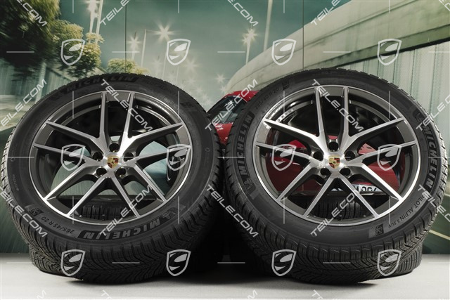 20" "Macan S" koła zimowe, komplet, felgi 9J x 20 ET26 + 10J x 20 ET19 + NOWE opony zimowe Michelin 265/45 R 20 + 295/40 R 20, ciemny tytan/frezowane na wysoki połysk, z czujnikami ciśnienia RDK