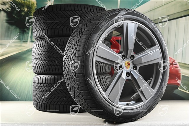 22" Koła zimowe, komplet, Cayenne Exclusive Design Sport, felgi 10J x 22 ET48 +11,5J x 22 ET61 + NOWE opony zimowe Pirelli 285/40 R22 + 315/35 R22, Vesuvio Grey