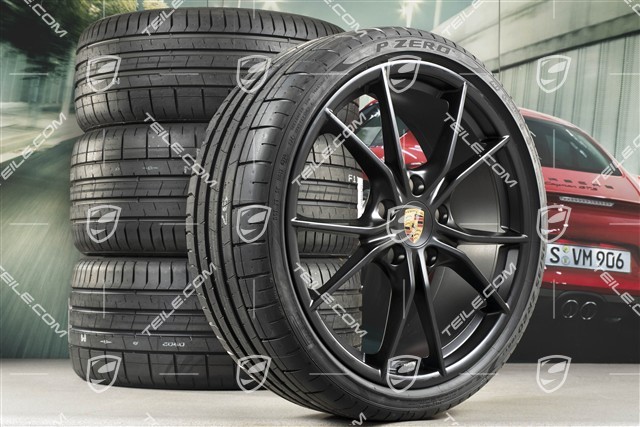 20" Carrera S summer wheels set, rims 8J x 20 ET57 + 10J x 20 ET45 + NEW Pirelli summer tires 235/35 ZR20 + 265/35 ZR20, black satin-matt, with TPMS