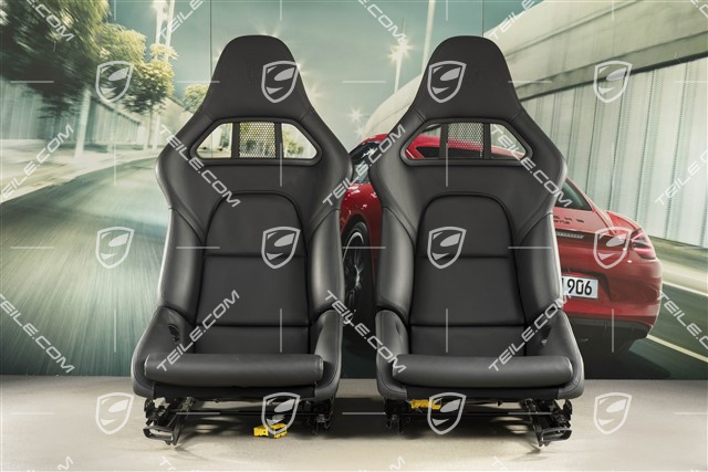 Sportowe fotele kubełkowe, składane, czarna skóra z herbem Porsche, L+R