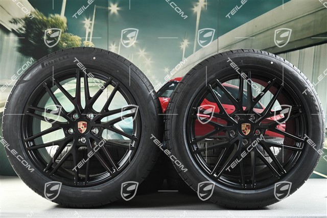 21-inch Cayenne RS Spyder Design summer wheel set, rims 9,5J x 21 ET46 + 11,0J x 21 ET58 + Pirelli P Zero summer tyres 285/45 R21 + 315/40 R21, with TPMS,  black satin-matt, DOT/prod.year 2025, millage 30 km