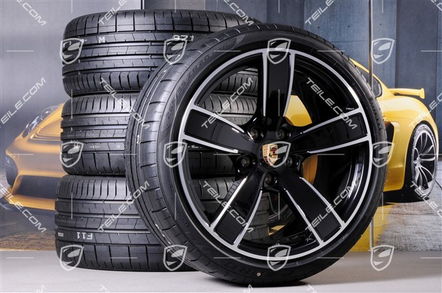 20" Carrera Sport Sommerräder Satz, Felgen 8,5J x 20 ET57 + 10,5J x 20 ET47 + Sommerreifen 235/35 ZR20 + 265/35 ZR20, mit RDK-Sensoren, Tiefschwarz Metallic