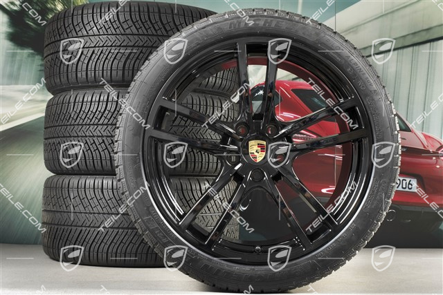 21" koła zimowe Cayenne Turbo, komplet, felgi 9,5J x 21 ET46 + 11,0J x 21 ET58 + opony zimowe Michelin 275/40 R21 + 305/35 R21, z czujnikami ciśnienia, czarny wysoki połysk