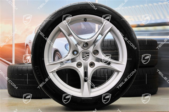 18" Sommerräder Satz Cayman S II, Felgen 8J x 18 ET57 + 9J x 18 ET43 + NEUE Sommerreifen 235/40 R18 + 265/40 R18, ohne RDK-Sensoren