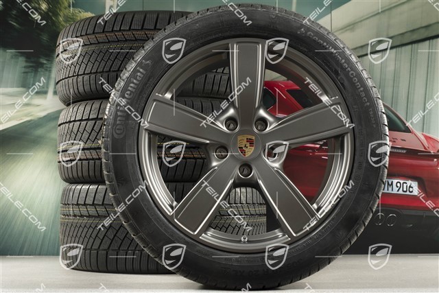 20" Cayenne COUPE Sport Classic Winterräder Satz, Felgen 9J x 20 ET50 + 10,5J x 20 ET55 + NEUE Continental Winterreifen 275/45 R20 + 305/40 R20, mit RDK-Sensoren, Platinum Seidenmat