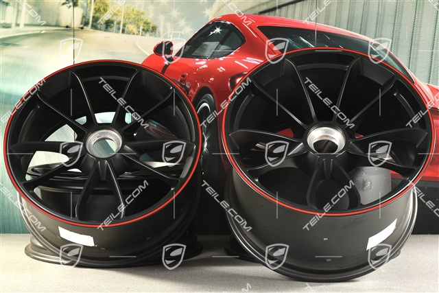 20" Felgensatz GT3, 9J x 20 ET55 + 12J x 20 ET47, in Schwarz seidenmatt + Rand in Rot